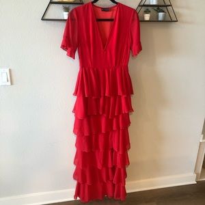 PLT Red Chiffon Ruffle Layer Maxi Dress